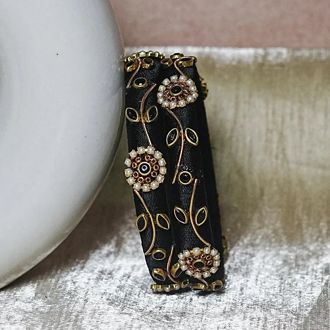 Designer Thread Work Kundan Leaf Style Kada Bangle for Women & Girls (Pack of 2) - The Golden Cascade